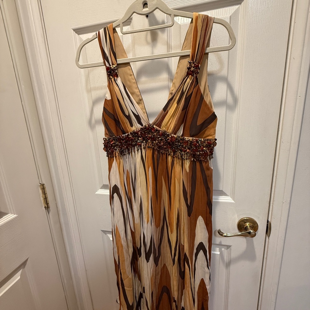 BCBGMaxAzria Brown and Cream Maxi Dress with Beaded Detail